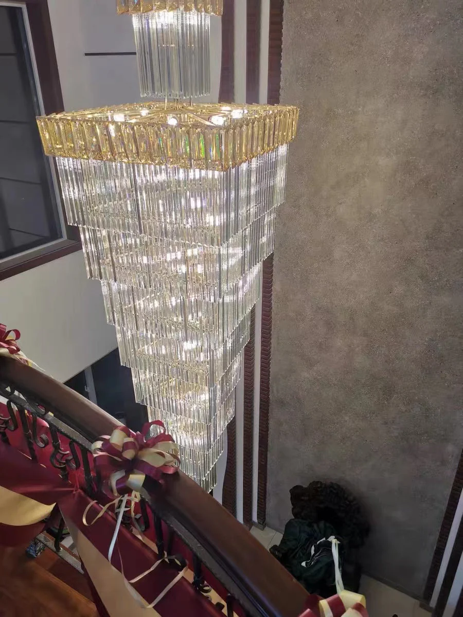 Decorative Large Vertical Crystal Staircase Chandelier Foyer Ceiling Light Fixture Lamp In Gray/ Amber Brim - Image 9