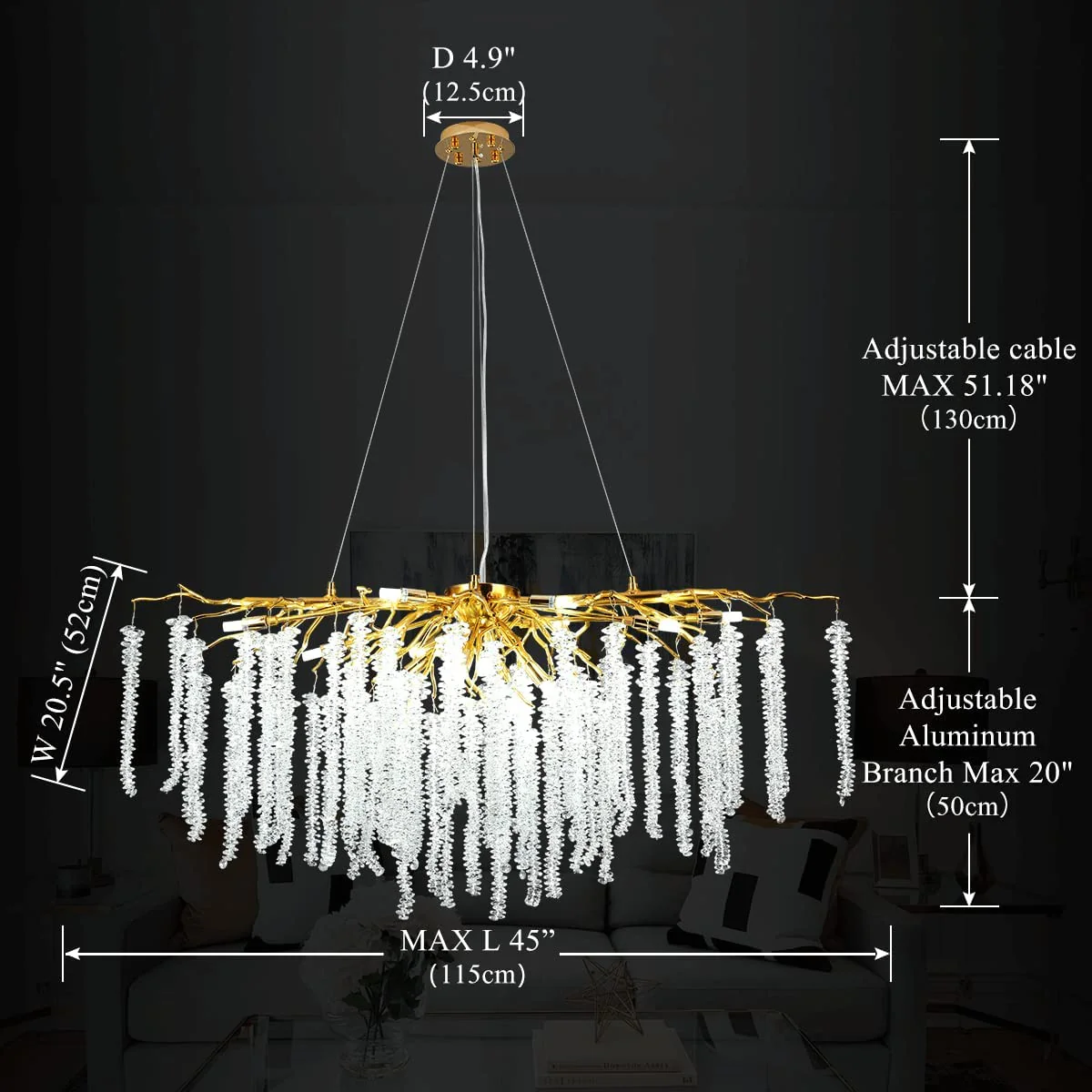 Doris White Crystal Rectangle Branch Chandelier Gold 45"L - Image 4