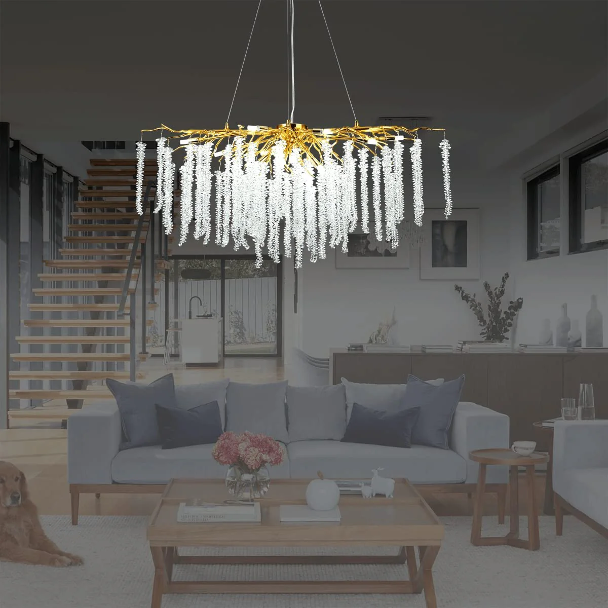 Doris White Crystal Rectangle Branch Chandelier Gold 45"L - Image 5