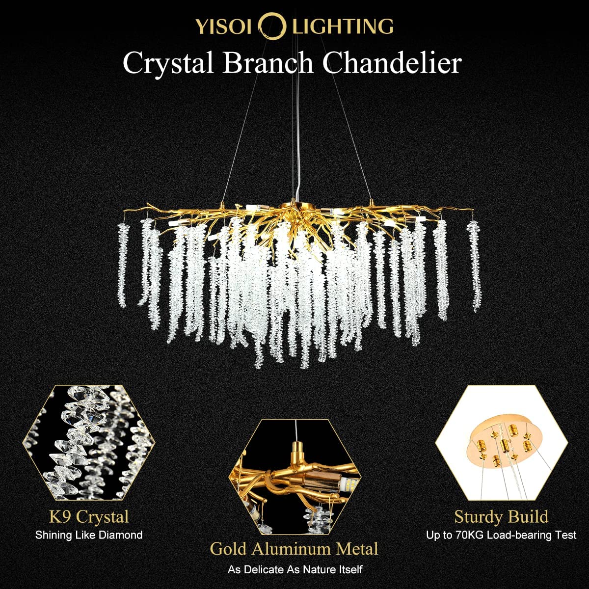 Doris White Crystal Rectangle Branch Chandelier Gold 45"L - Image 7