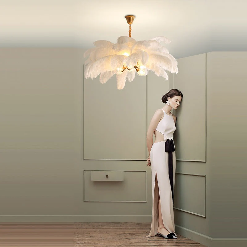 Elva Brass Palm Tree Feather Chandelier - Image 5