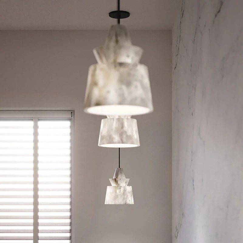 Flo Alabaster Pendant Light Beside Coffee Table - Image 4