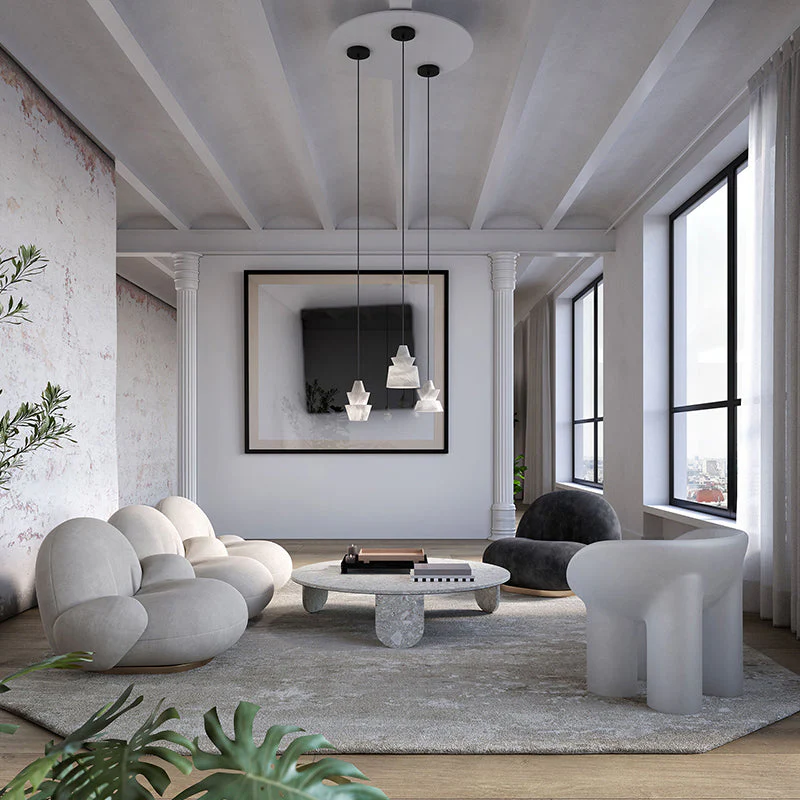 Flo Alabaster Pendant Light Beside Coffee Table - Image 6