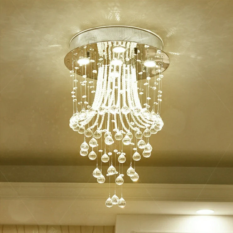 Flush Mounted Crystal Drops Chandelier Elegant Ceiling Light Fixture For Bedroom/ Living Room - Image 2