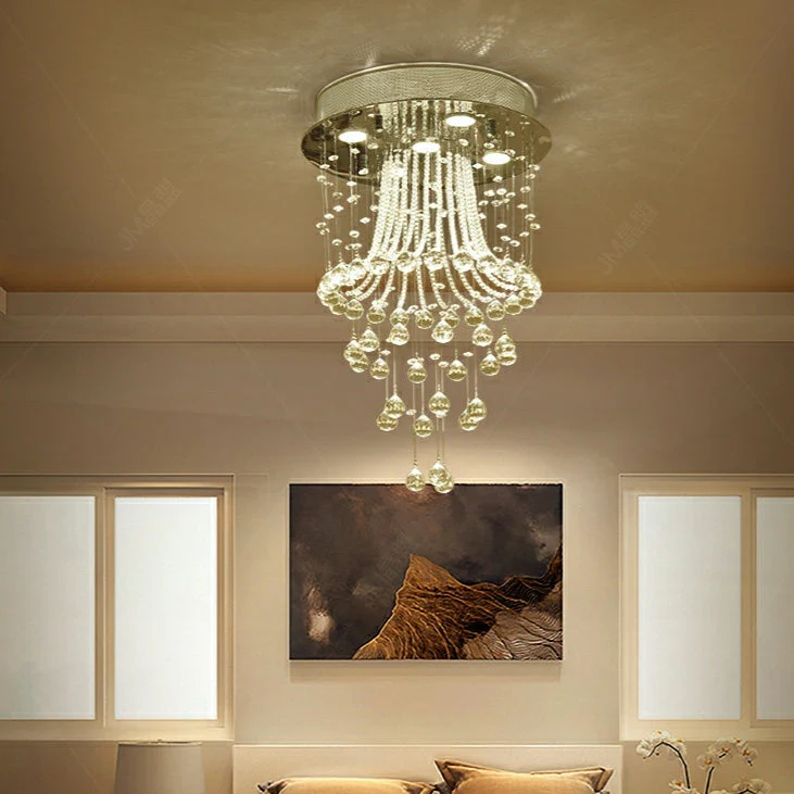 Flush Mounted Crystal Drops Chandelier Elegant Ceiling Light Fixture For Bedroom/ Living Room - Image 3