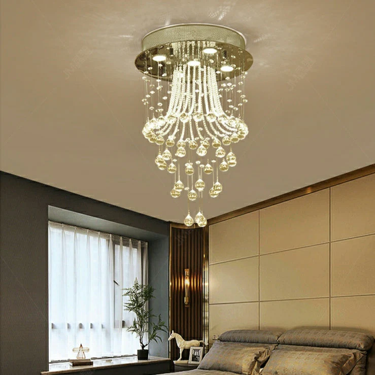 Flush Mounted Crystal Drops Chandelier Elegant Ceiling Light Fixture For Bedroom/ Living Room - Image 5