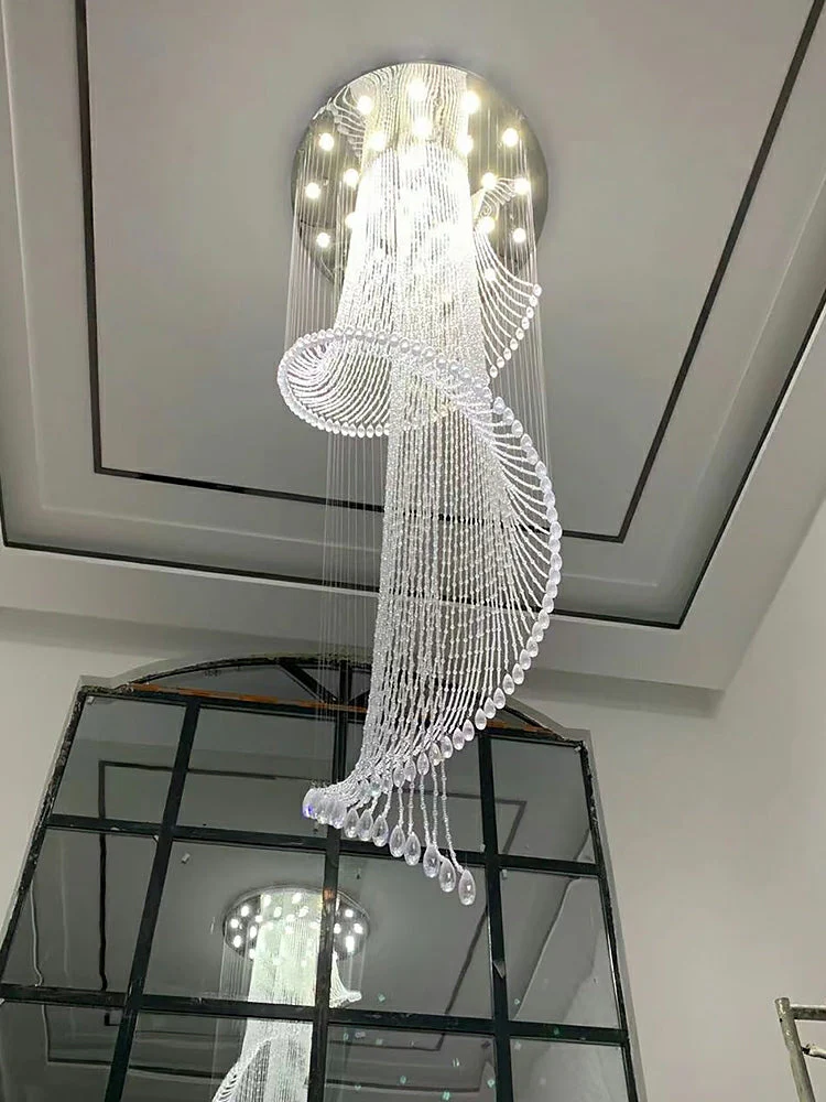 Flush Mounted Spiral Crystal Drops Chandelier Round LED Ceiling Lighting Fixture For Foyer Staircase/ Hotel Entrance - Image 10
