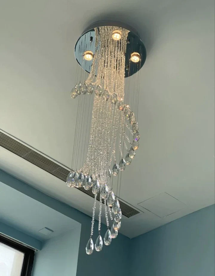 Flush Mounted Spiral Crystal Drops Chandelier Round LED Ceiling Lighting Fixture For Foyer Staircase/ Hotel Entrance - Image 3
