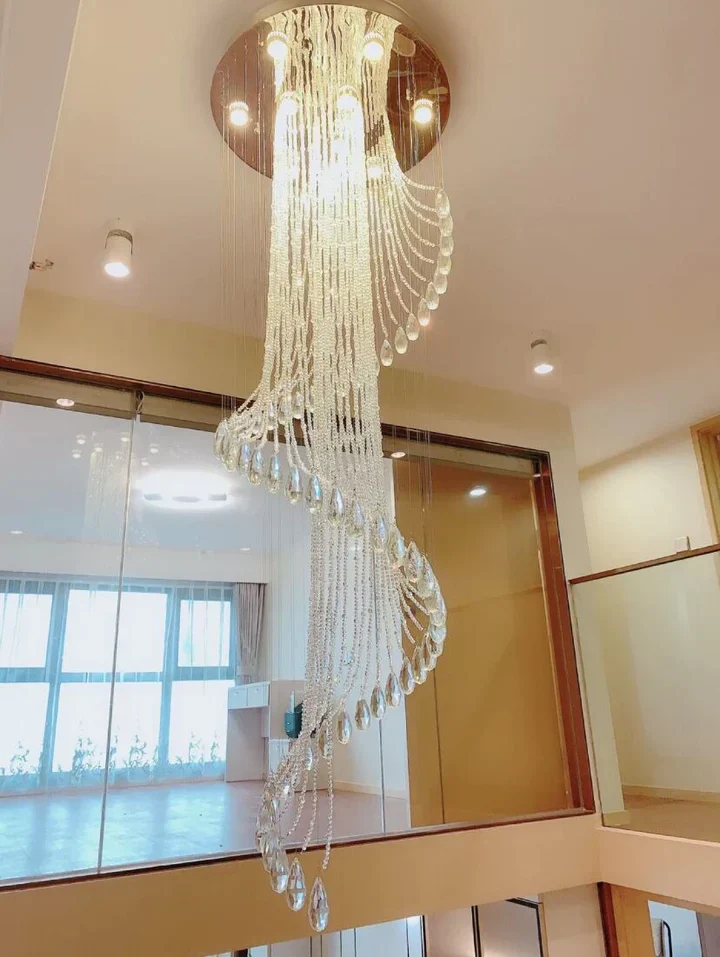 Flush Mounted Spiral Crystal Drops Chandelier Round LED Ceiling Lighting Fixture For Foyer Staircase/ Hotel Entrance - Image 4