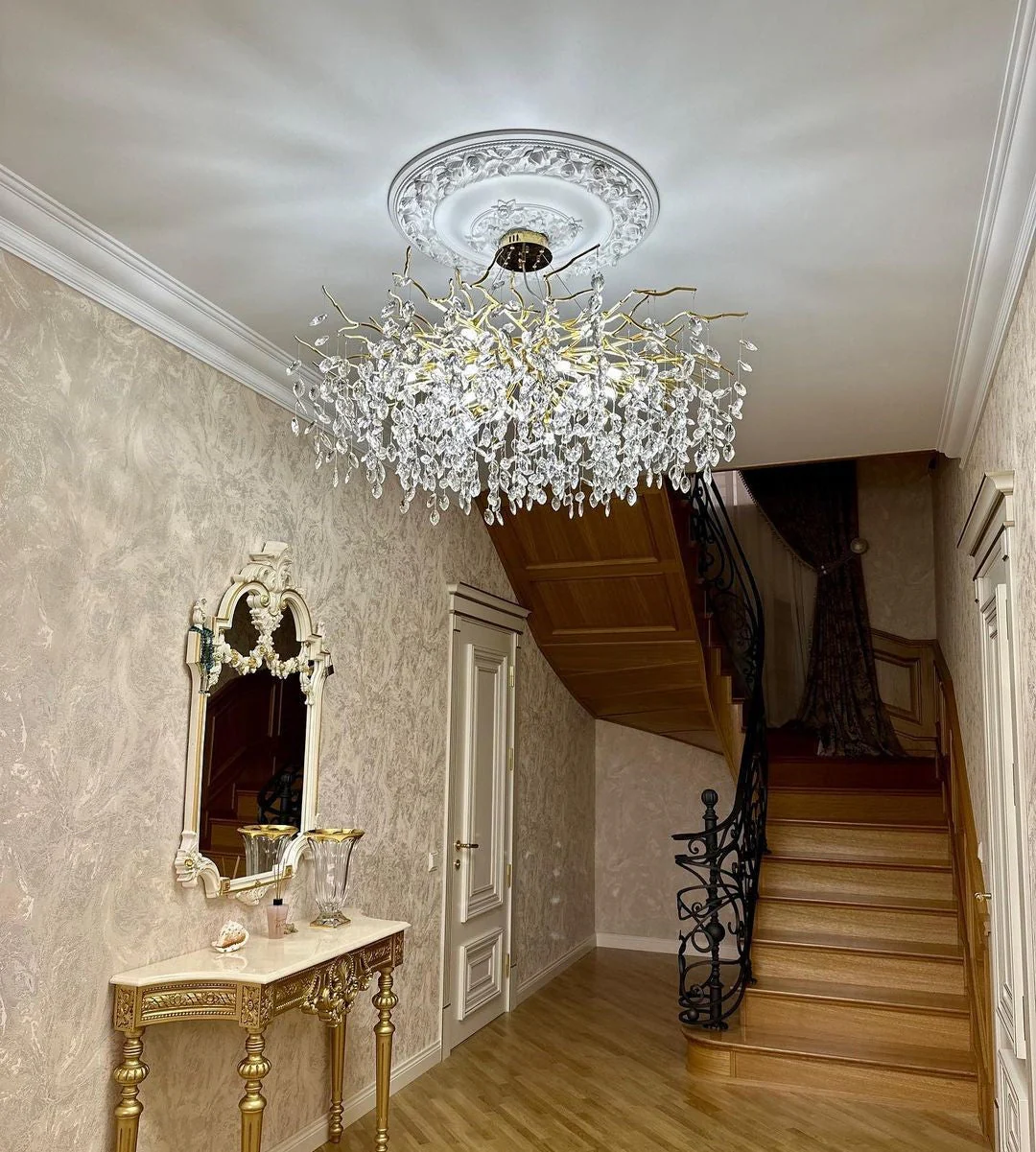 French Branch Crystal Chandelier with Elegant Crystal Leaves - Image 8