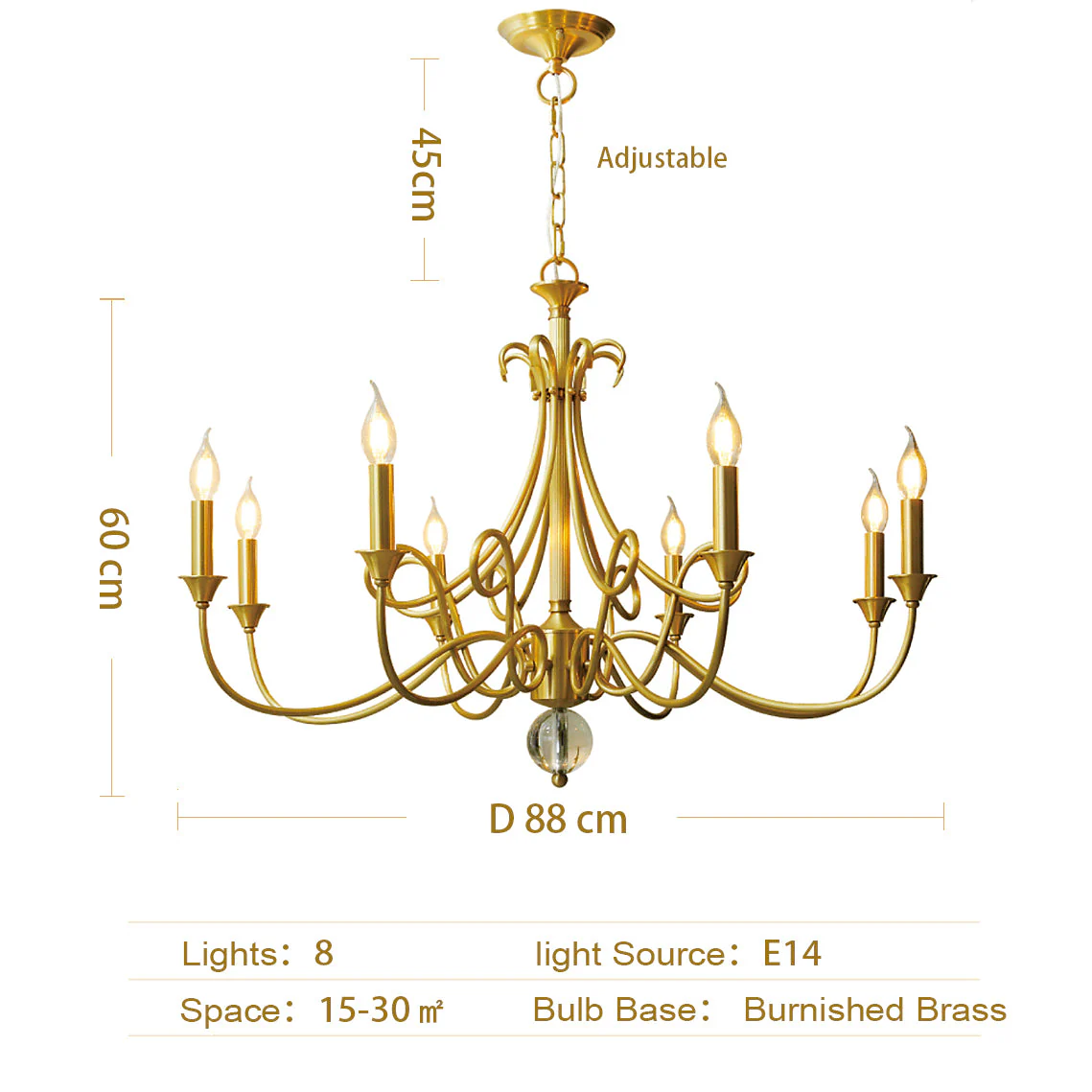 Candle Light Chandelier|Farmhouse Ceiling Fixtures|Natural Brass E14 Adjustable Length - Image 5