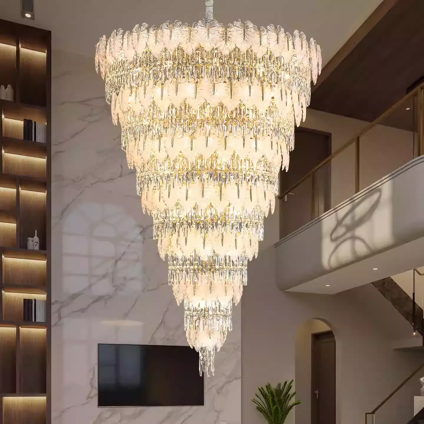 Luxurious Cascading Handcrafted Glass Leaf Multi-Tier Crystal Waterfall Chandelier - Image 2