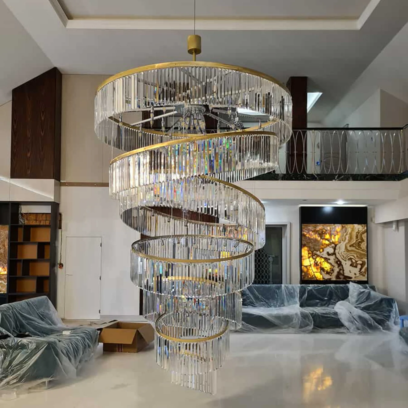 Luxury Floating Crystal Rings Chandelier in Gold Finish for High-ceiling - Image 3