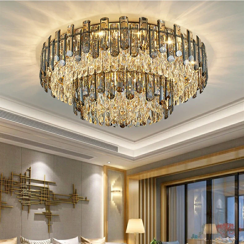 Smoke Gray Crystal Chandelier Flush Mounted Ceiling Light Fitxture Set for Dining Room/Living Room - Image 12