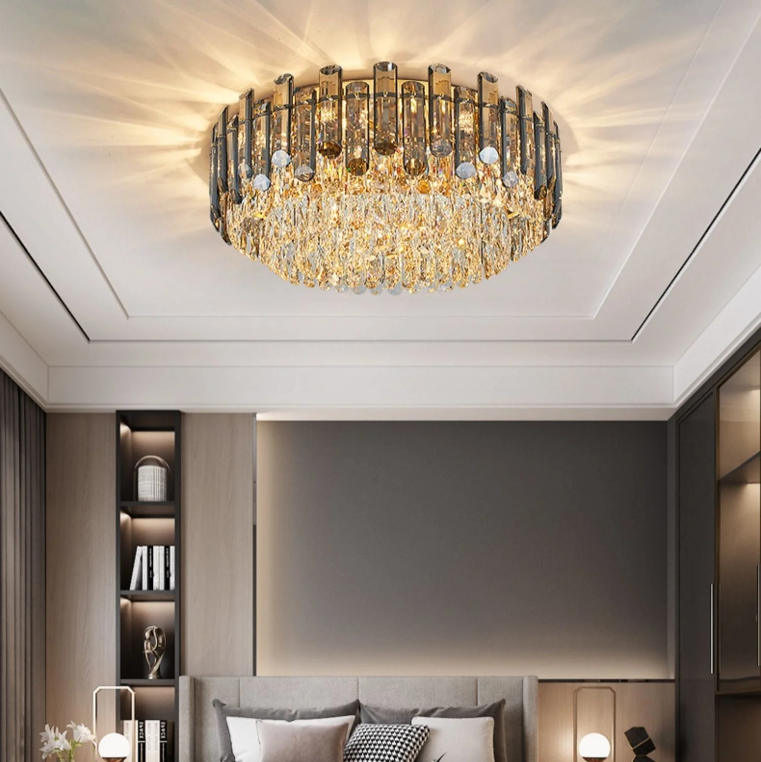 Smoke Gray Crystal Chandelier Flush Mounted Ceiling Light Fitxture Set for Dining Room/Living Room - Image 15