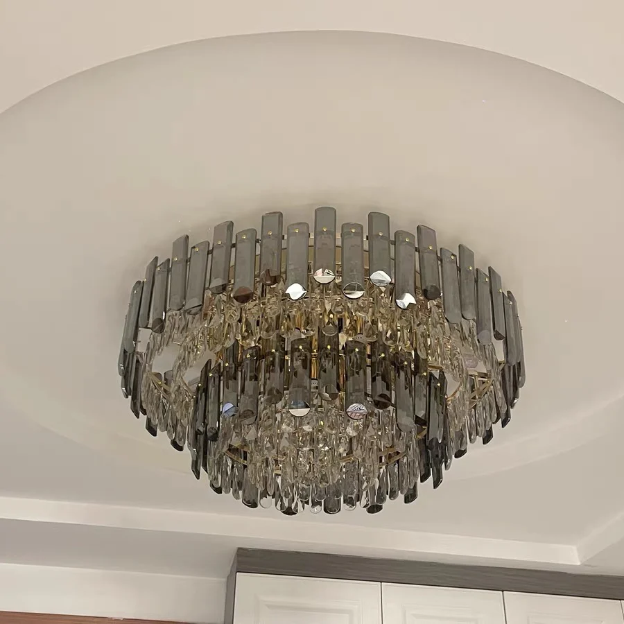 Smoke Gray Crystal Chandelier Flush Mounted Ceiling Light Fitxture Set for Dining Room/Living Room - Image 9
