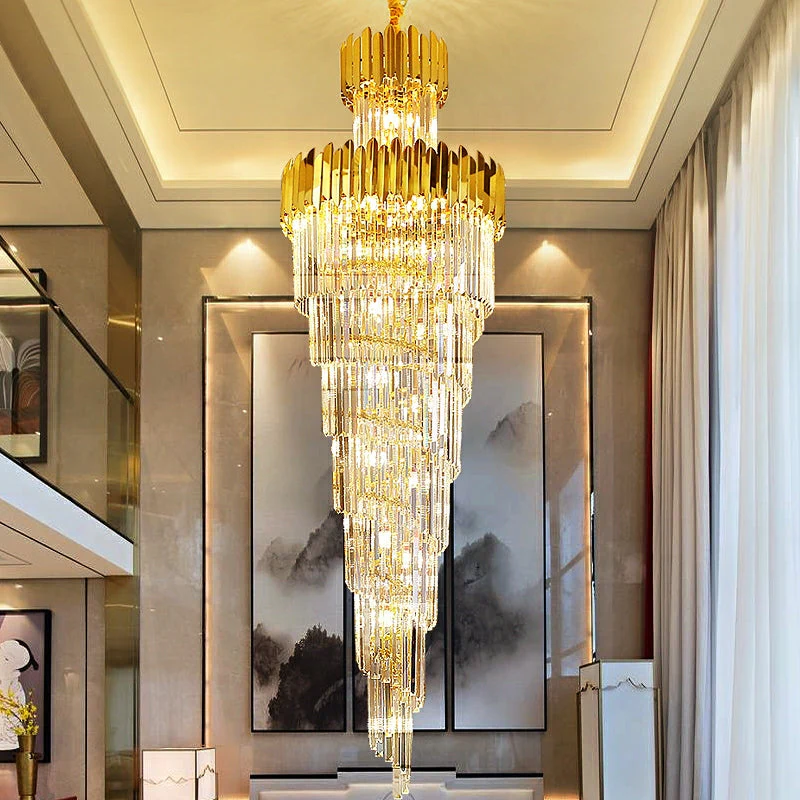 Luxury Gold Trimmed Long Crystal Chandelier Foyer Staircase Extra Large Ceiling Light Fixture - Image 2