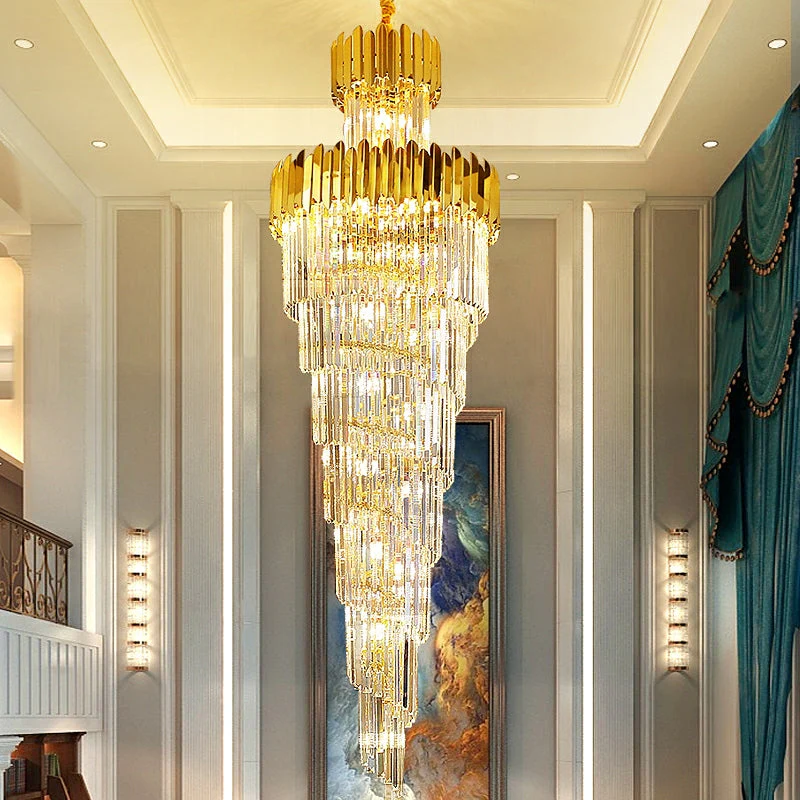 Luxury Gold Trimmed Long Crystal Chandelier Foyer Staircase Extra Large Ceiling Light Fixture - Image 3