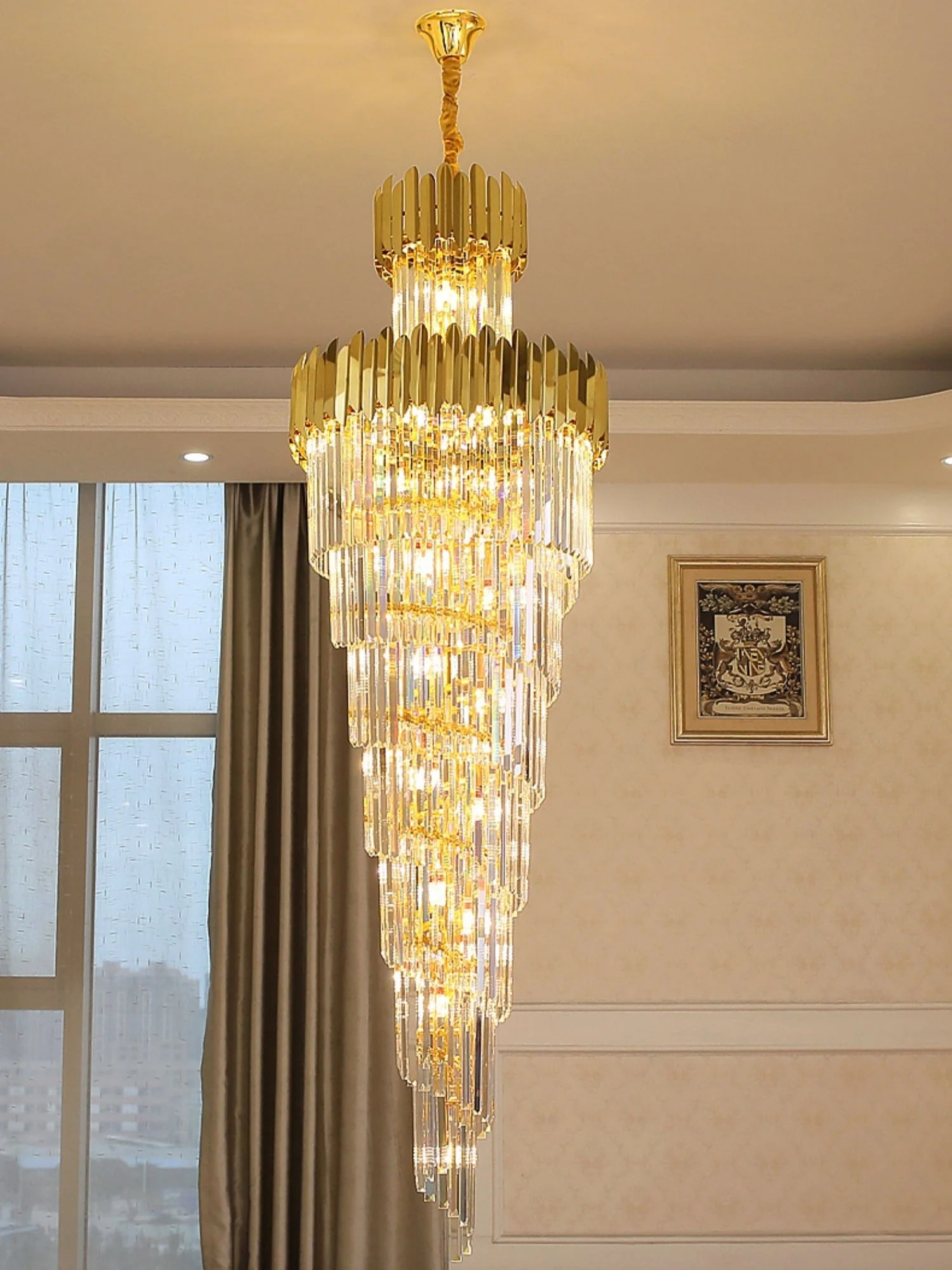 Luxury Gold Trimmed Long Crystal Chandelier Foyer Staircase Extra Large Ceiling Light Fixture - Image 4