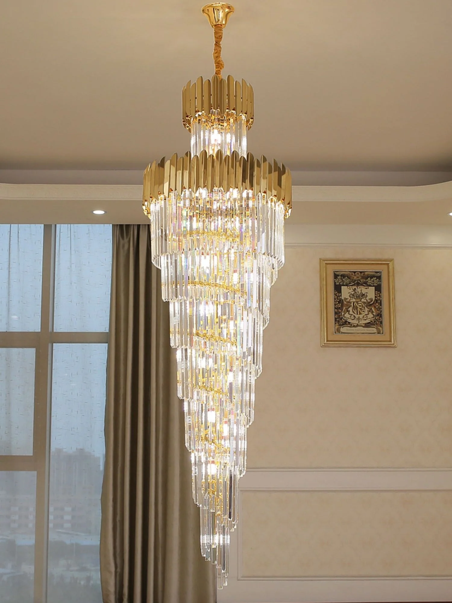 Luxury Gold Trimmed Long Crystal Chandelier Foyer Staircase Extra Large Ceiling Light Fixture - Image 5