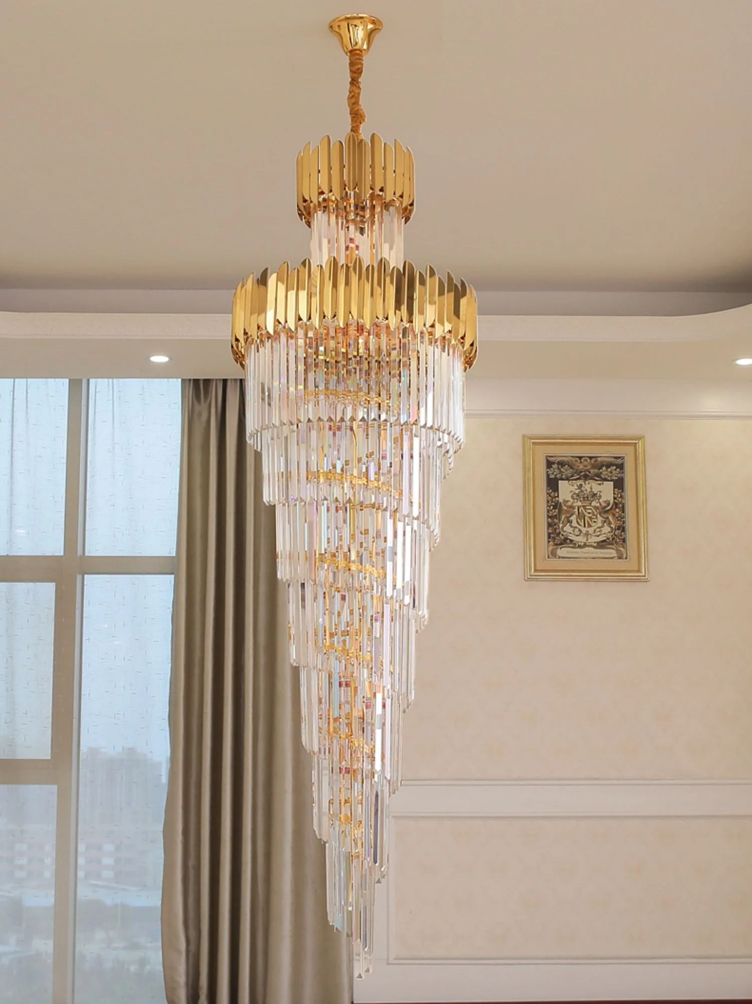 Luxury Gold Trimmed Long Crystal Chandelier Foyer Staircase Extra Large Ceiling Light Fixture - Image 6