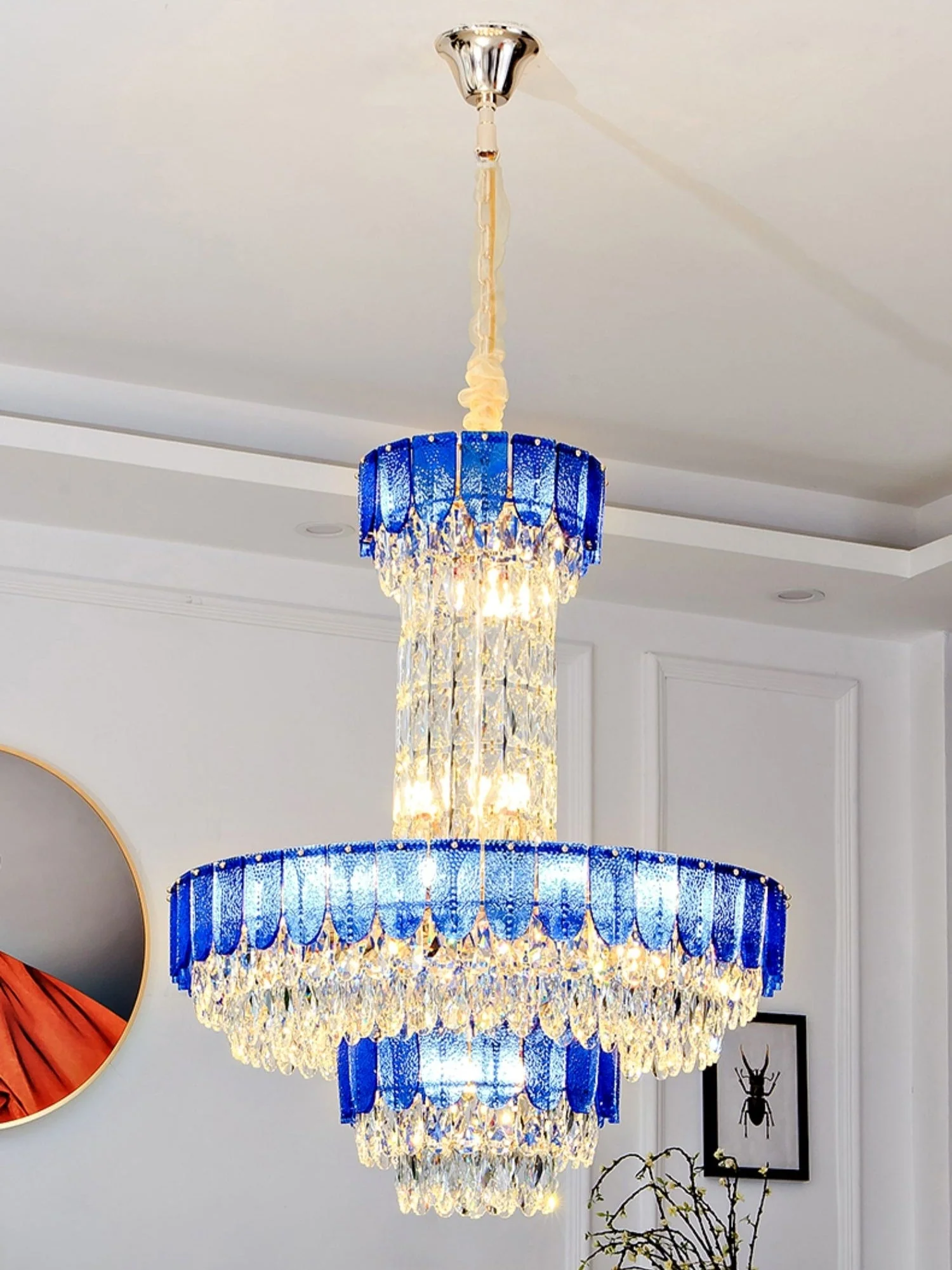 Restaurant/ Hotel Chandelier Foyer Duplex High Ceiling Light Fixture For Staircase/ Living Room In Gray/ Amber/ Blue Trimmed - Image 10
