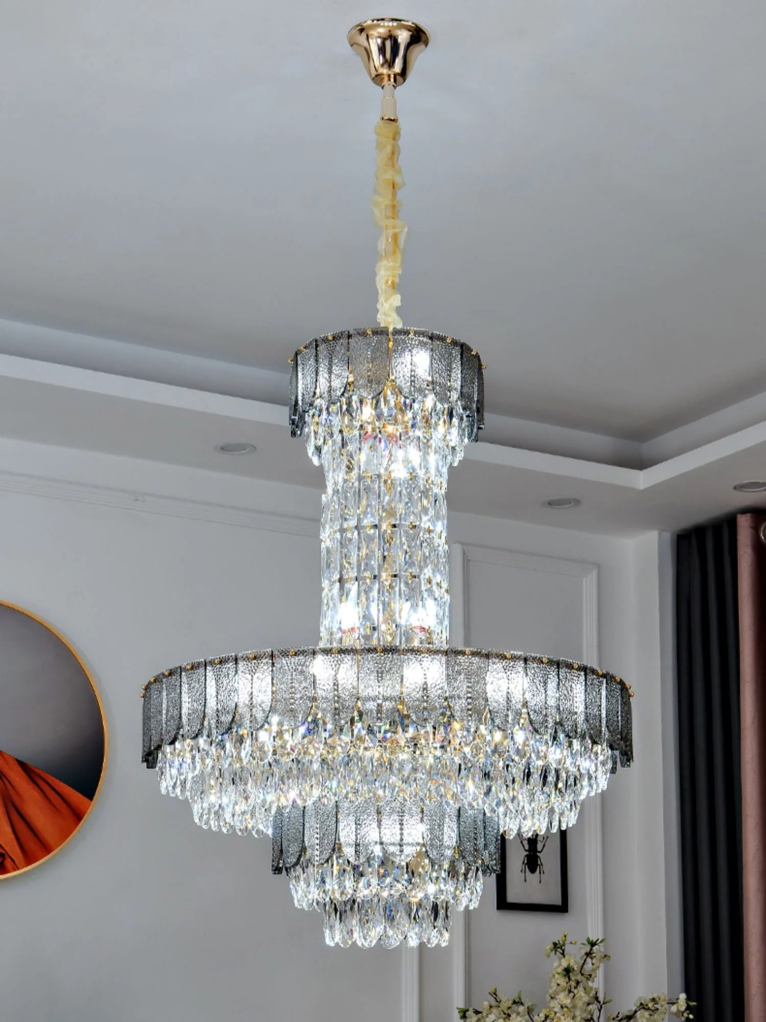 Restaurant/ Hotel Chandelier Foyer Duplex High Ceiling Light Fixture For Staircase/ Living Room In Gray/ Amber/ Blue Trimmed - Image 6