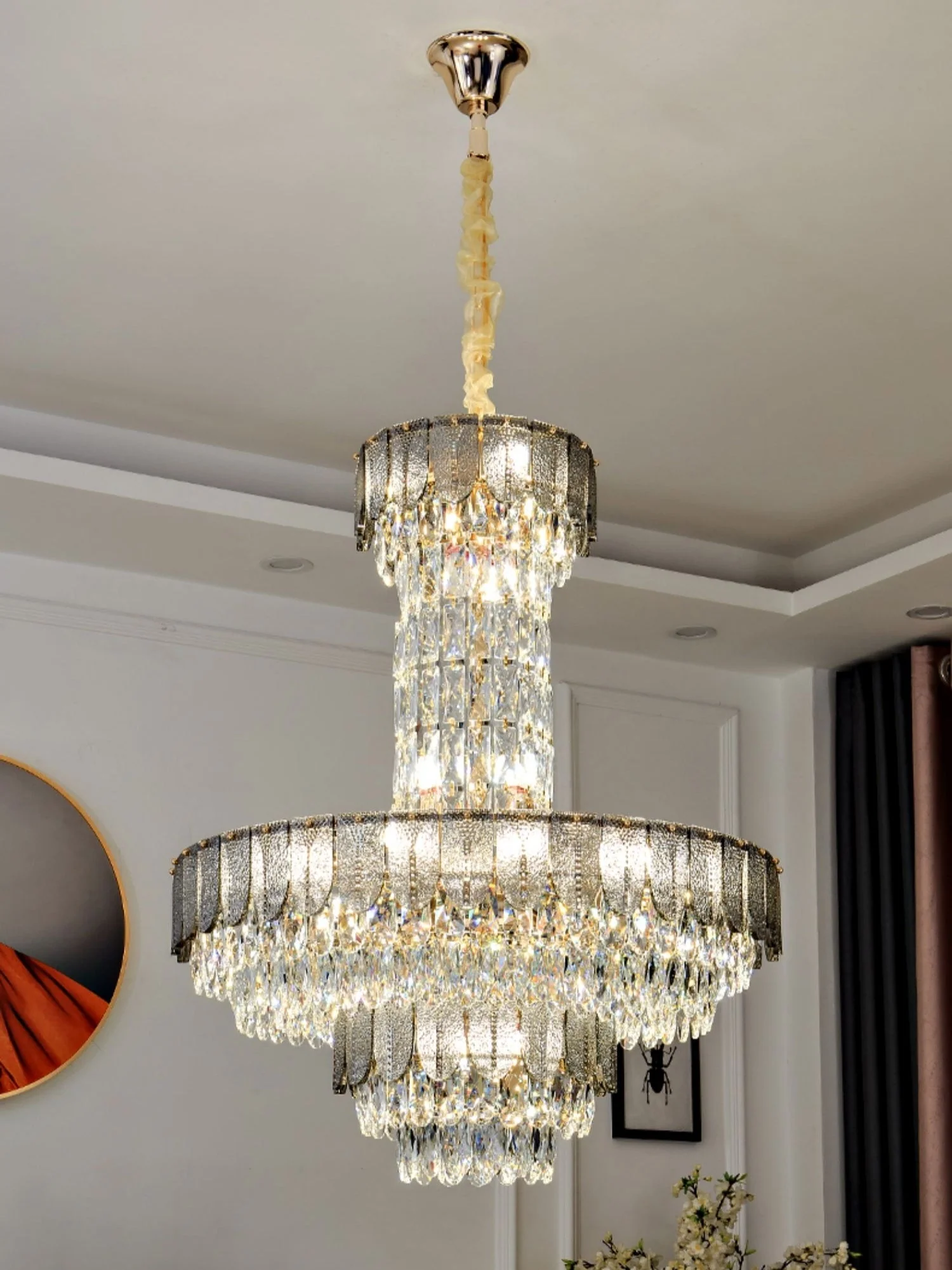 Restaurant/ Hotel Chandelier Foyer Duplex High Ceiling Light Fixture For Staircase/ Living Room In Gray/ Amber/ Blue Trimmed - Image 7
