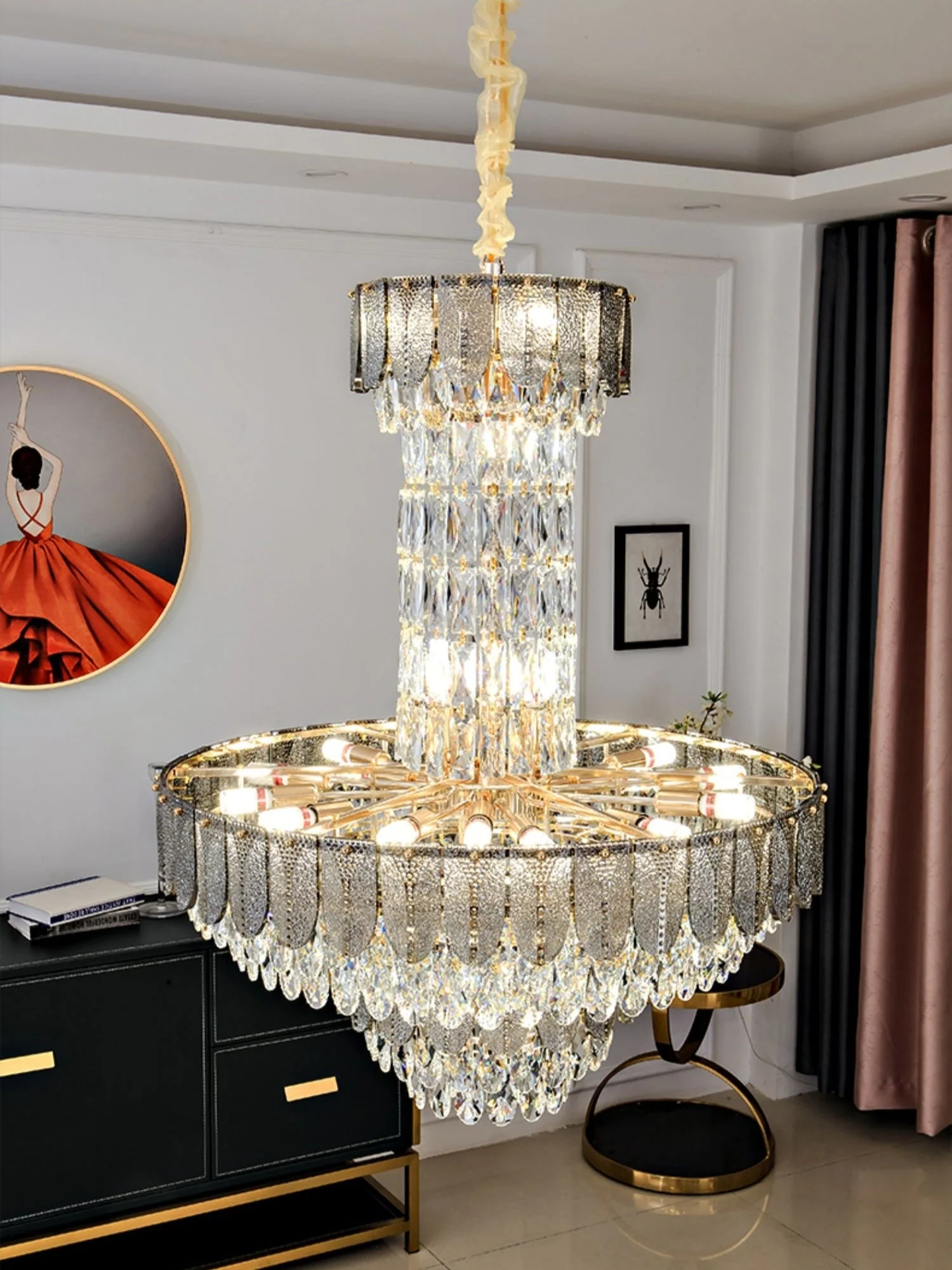 Restaurant/ Hotel Chandelier Foyer Duplex High Ceiling Light Fixture For Staircase/ Living Room In Gray/ Amber/ Blue Trimmed - Image 8