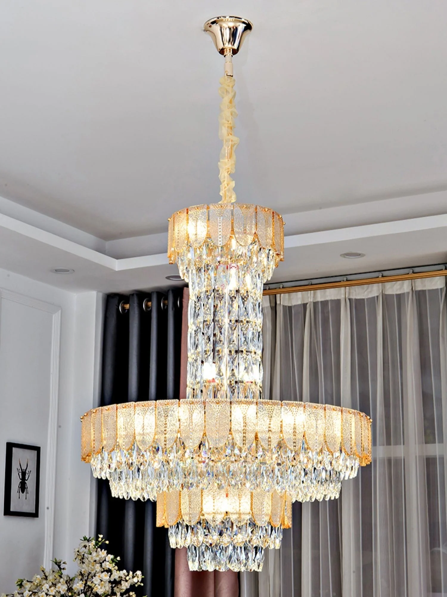 Restaurant/ Hotel Chandelier Foyer Duplex High Ceiling Light Fixture For Staircase/ Living Room In Gray/ Amber/ Blue Trimmed - Image 9