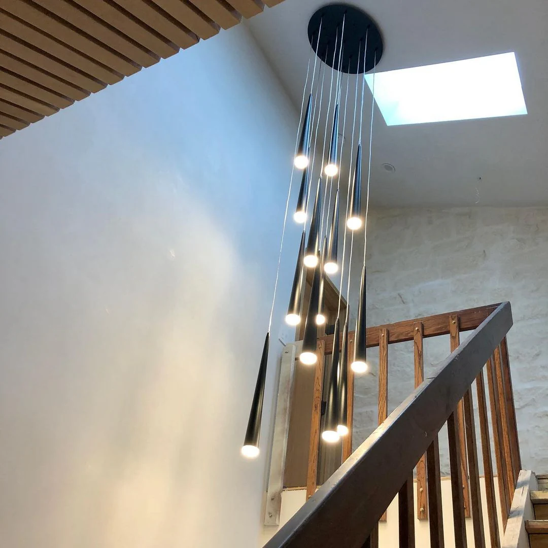 Minimalism Black Metal Ceiling Pendant Lighting Fixture For Staircase in Gold/ Black Finish - Image 3