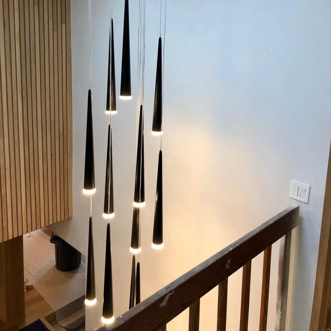 Minimalism Black Metal Ceiling Pendant Lighting Fixture For Staircase in Gold/ Black Finish - Image 4