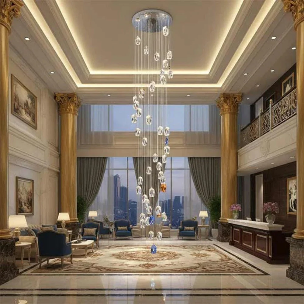 Modern Floating Clear/Blue/Amber Irregular Crystal Chandelier for High-ceiling - Image 3