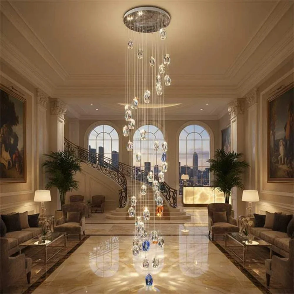 Modern Floating Clear/Blue/Amber Irregular Crystal Chandelier for High-ceiling - Image 5