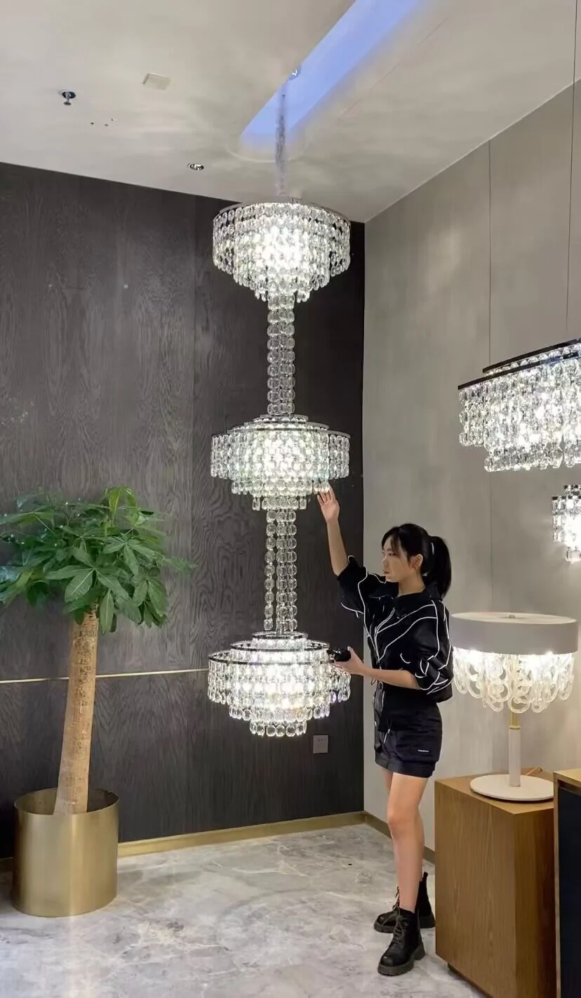 Modern French Elegant Oversized 3-tiered Silver Seashells Long Crystal Chandelier for Staircase - Image 2
