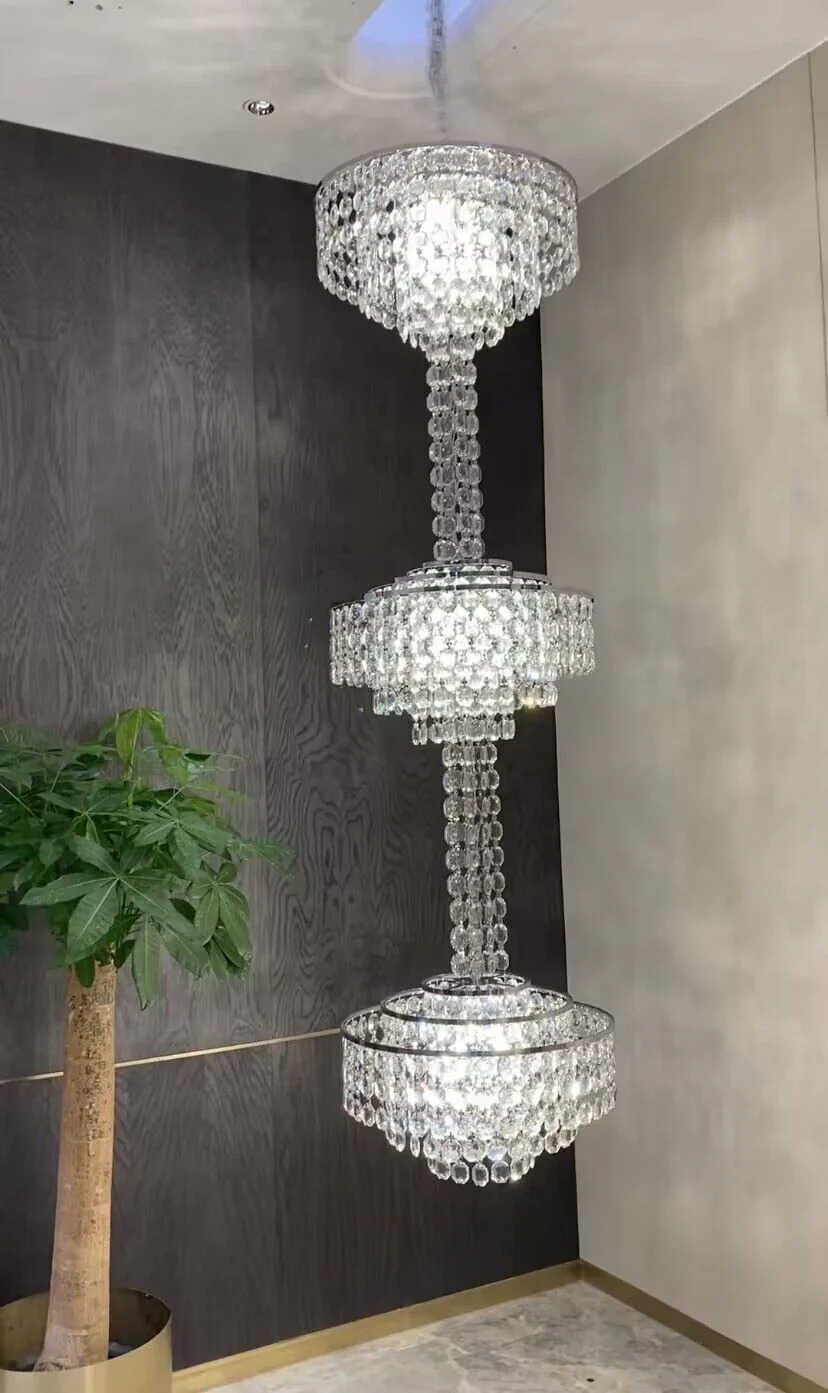 Modern French Elegant Oversized 3-tiered Silver Seashells Long Crystal Chandelier for Staircase - Image 4