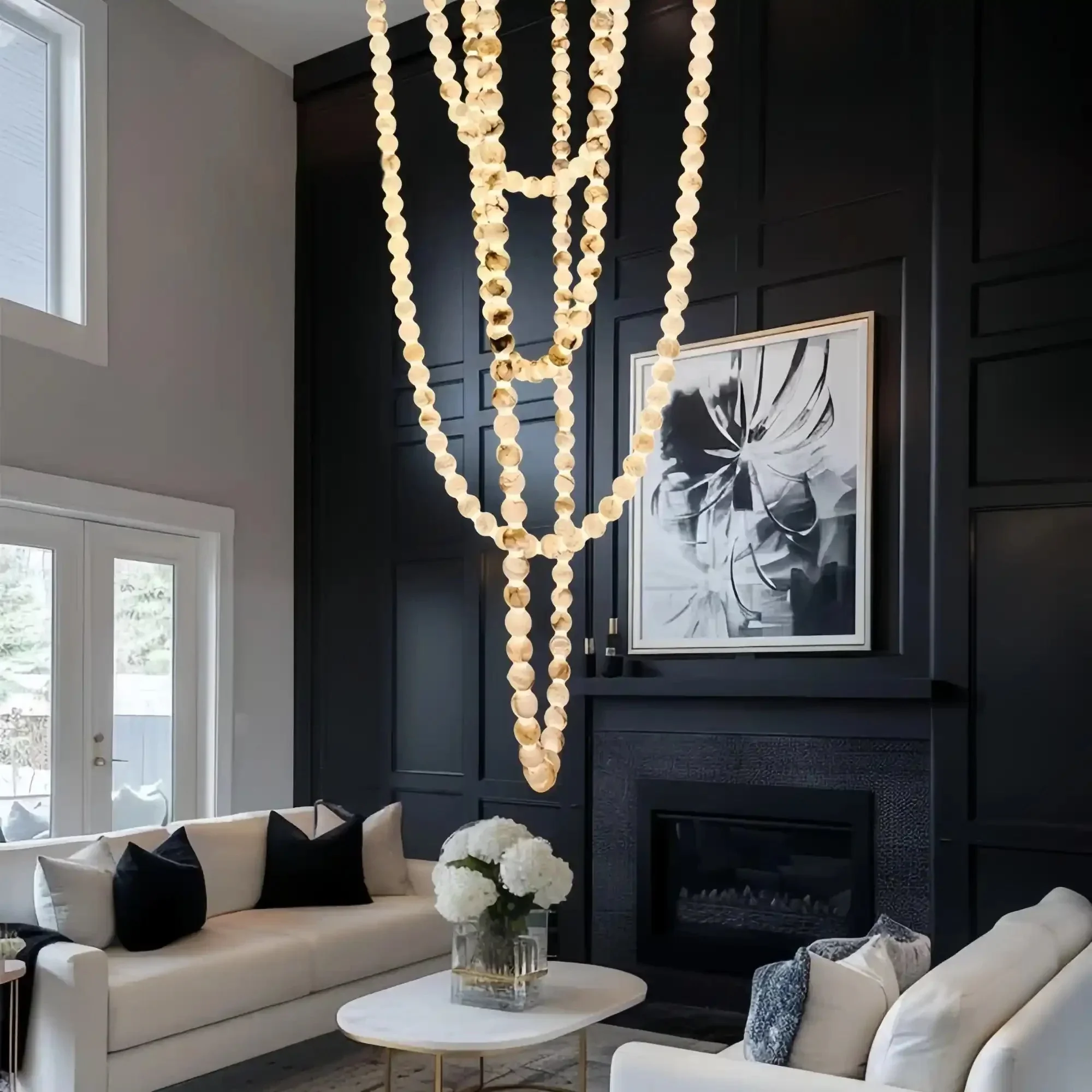 Modern LED Natural Alabaster Globes Beads Hanging Chandelier Indoor Lighting Fixture - Image 12