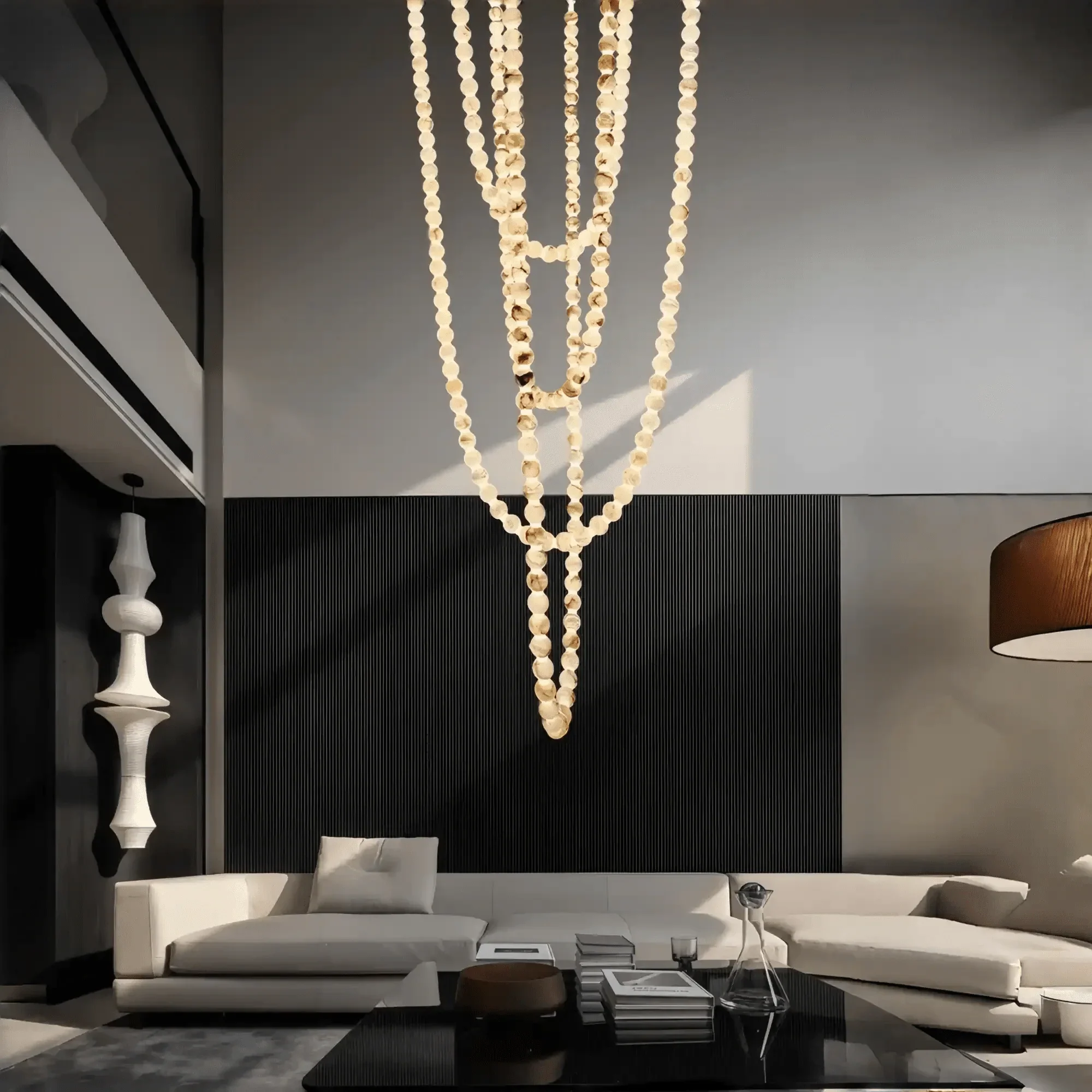 Modern LED Natural Alabaster Globes Beads Hanging Chandelier Indoor Lighting Fixture - Image 2