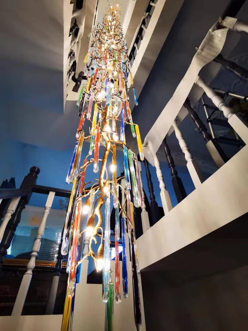 Modern Light Luxury Brass Branches Colored Glass Column Chandelier for Staircase/Living Room/High-ceiling Space - Image 12