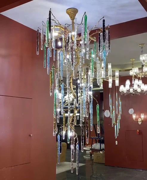 Modern Light Luxury Brass Branches Colored Glass Column Chandelier for Staircase/Living Room/High-ceiling Space - Image 13