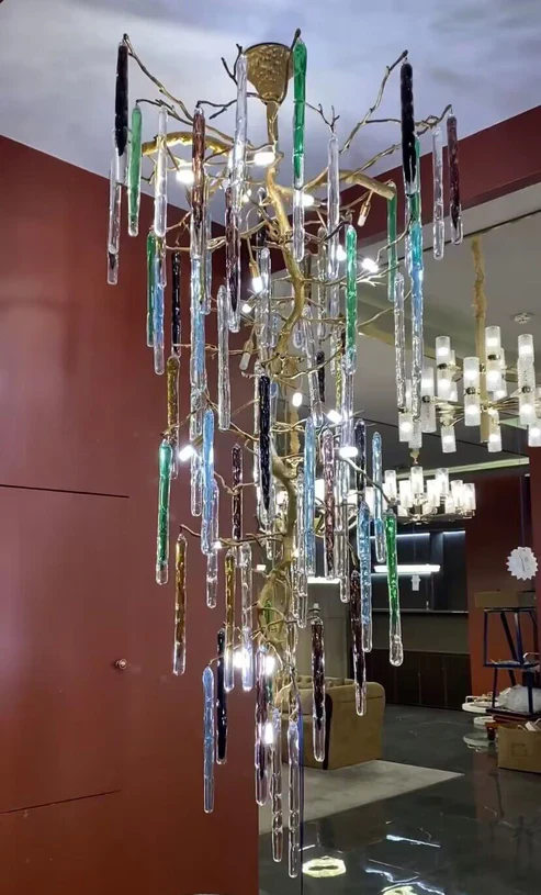 Modern Light Luxury Brass Branches Colored Glass Column Chandelier for Staircase/Living Room/High-ceiling Space - Image 14