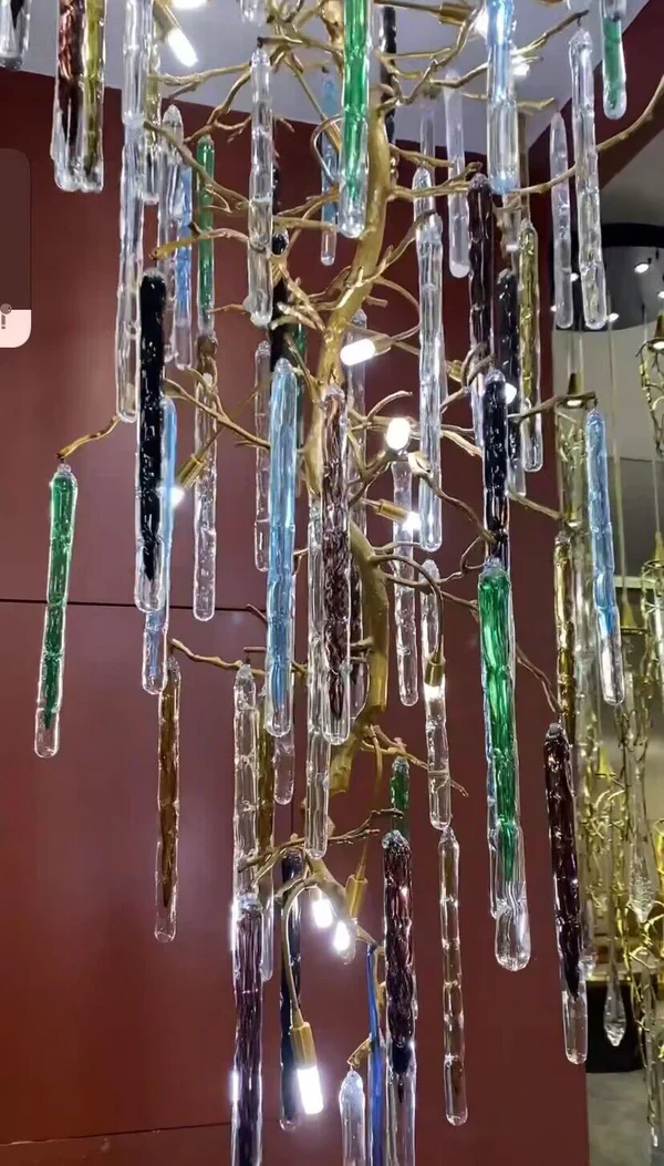 Modern Light Luxury Brass Branches Colored Glass Column Chandelier for Staircase/Living Room/High-ceiling Space - Image 15