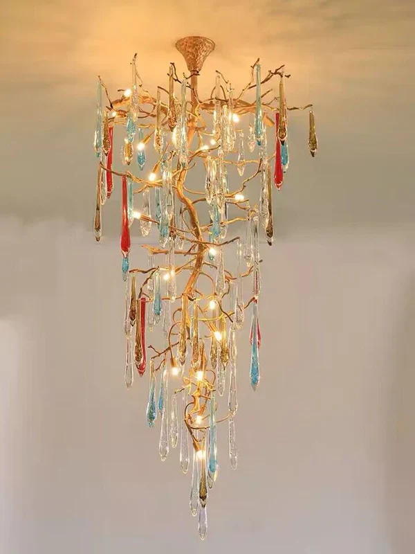 Modern Light Luxury Brass Branches Colored Glass Column Chandelier for Staircase/Living Room/High-ceiling Space - Image 2