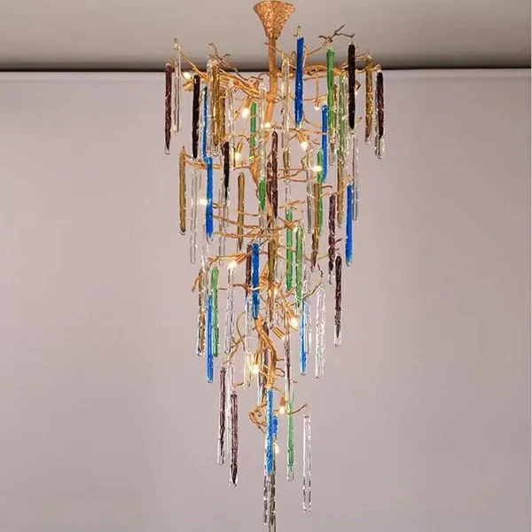 Modern Light Luxury Brass Branches Colored Glass Column Chandelier for Staircase/Living Room/High-ceiling Space - Image 3