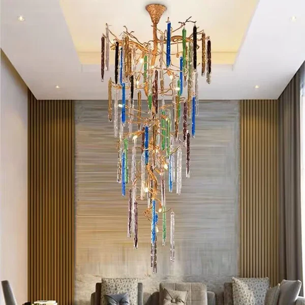 Modern Light Luxury Brass Branches Colored Glass Column Chandelier for Staircase/Living Room/High-ceiling Space - Image 4