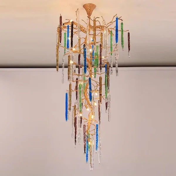 Modern Light Luxury Brass Branches Colored Glass Column Chandelier for Staircase/Living Room/High-ceiling Space - Image 5
