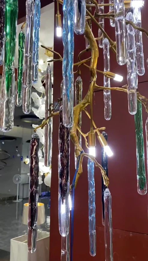 Modern Light Luxury Brass Branches Colored Glass Column Chandelier for Staircase/Living Room/High-ceiling Space - Image 6