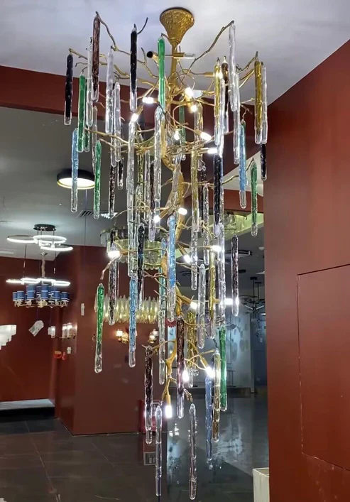 Modern Light Luxury Brass Branches Colored Glass Column Chandelier for Staircase/Living Room/High-ceiling Space - Image 8