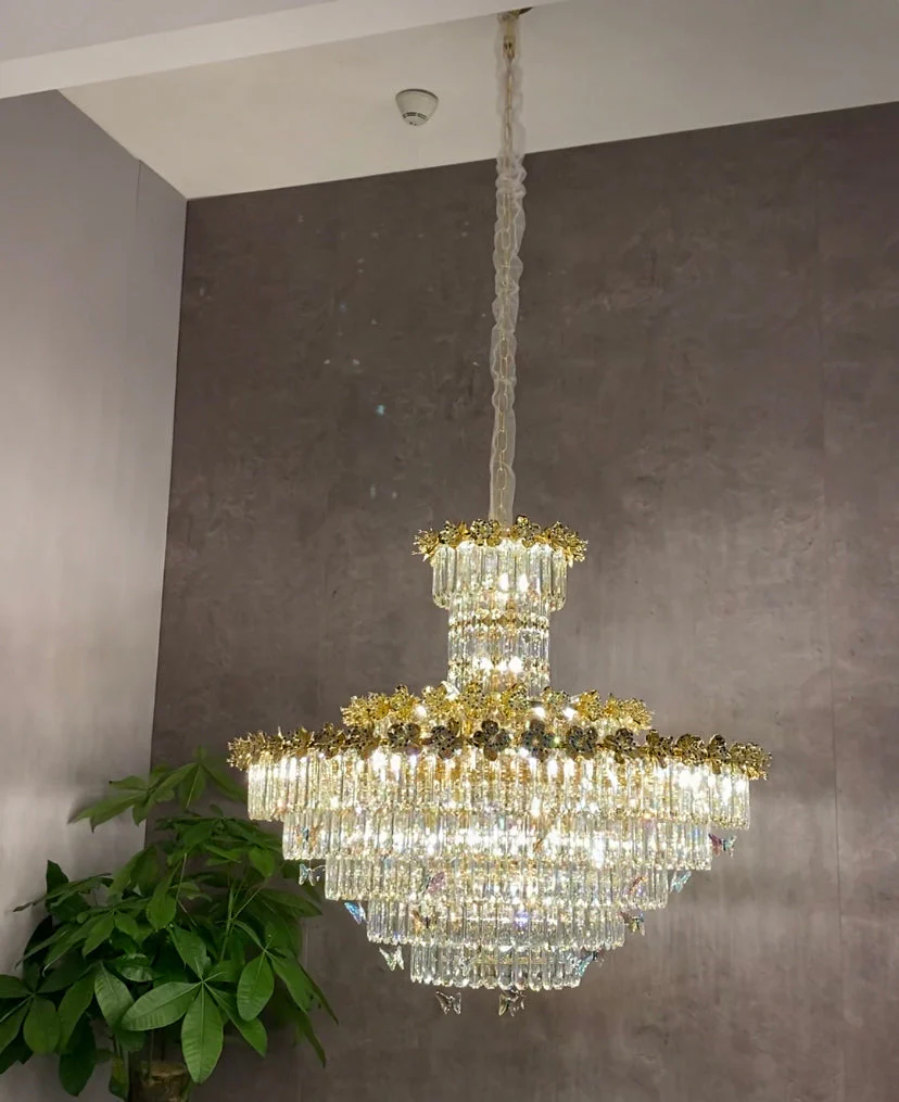Modern Light Luxury Art Design Butterfly Multi-tiered Round Crystal Chandelier with Golden Flowers for Living Room/Staircase/Foyer - Image 2