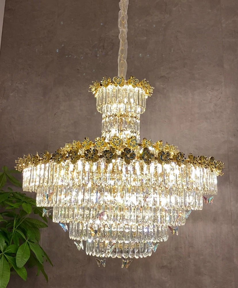 Modern Light Luxury Art Design Butterfly Multi-tiered Round Crystal Chandelier with Golden Flowers for Living Room/Staircase/Foyer - Image 6